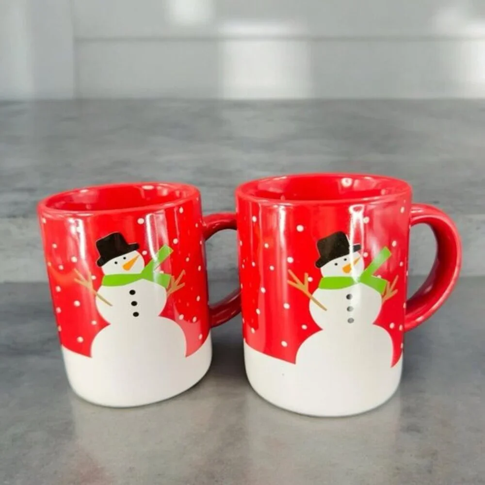 2015 Crate & Barrel Happy Snowman Mug Cup Red White by Joan Anderson Ceramic Set